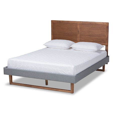 Baxton Studio Allegra Grey Upholstered and Walnut Wood Queen Size Platform Bed 164-9414-9420